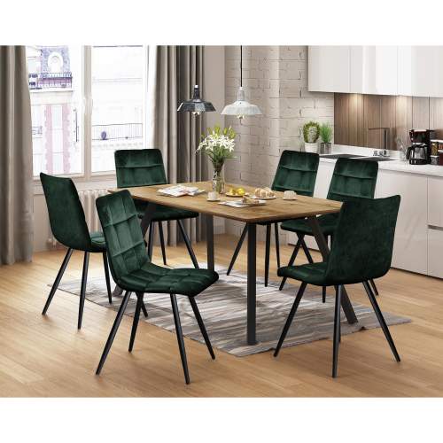 IdeaNabytek Jídelní stůl BERGEN dub + 6 židlí BERGEN zelený samet