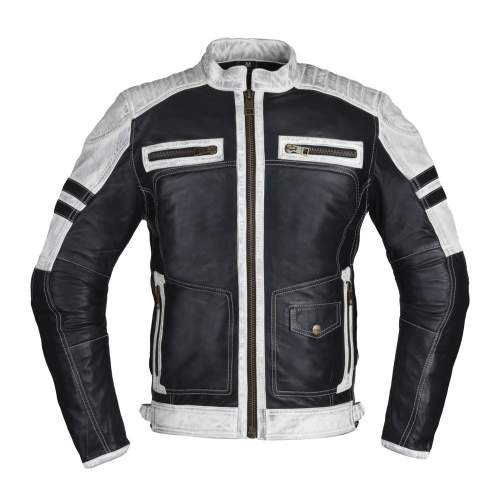 Pánská kožená bunda W-TEC Esbiker, černá s bílými pruhy, S