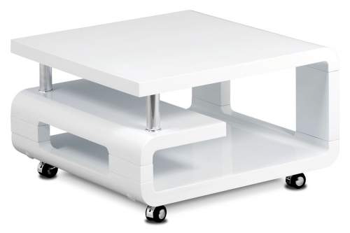 Konferenční stolek 70x70x43, bílá MDF vysoký lesk, chrom, 4 kolečka