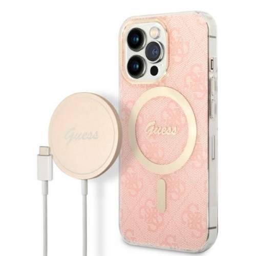 Pouzdro Guess GUBPP13XH4EACSP + bezdrátová nabíječka Apple iPhone 13 Pro Max růžové 4G Print MagSafe