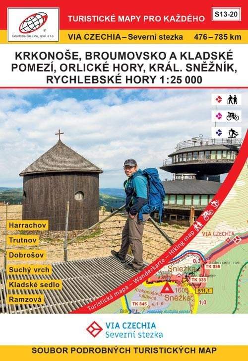 VIA CZECHIA - Severní stezka, BOX 3, S13-20 Krkonoše-Rychlebské hory 1 : 25 000, 476. – 785. km Severní stezky (pěší varianta); Harrachov - Trutnov -