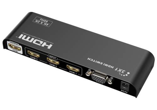 PremiumCord 4Kx2K@60Hz HDMI switch 3:1 kovový s dálkovým ovladačem a napájecím adaptérem khswit31e