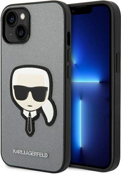 Karl Lagerfeld KLHCP14SSAPKHG hard silikonové pouzdro iPhone 14 6.1" silver Saffiano Karl`s Head Patch
