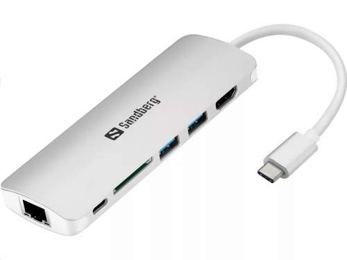 Sandberg USB-C dokovací stanice, HDMI+SD+USB+RJ45+USB-C(61W), stříbrný