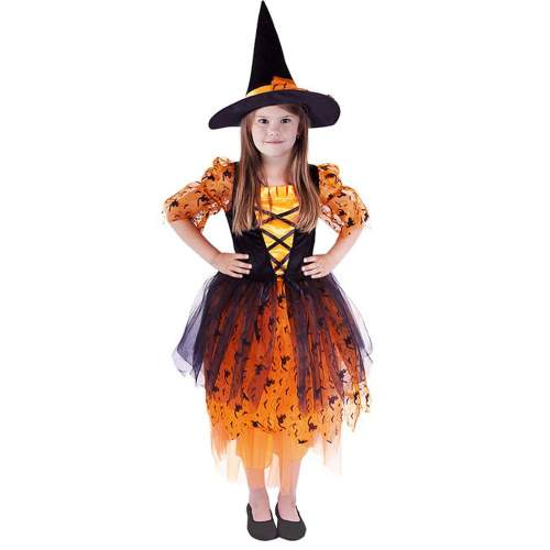 Dětský kostým oranžová čarodějnice s kloboukem (M) e-obal