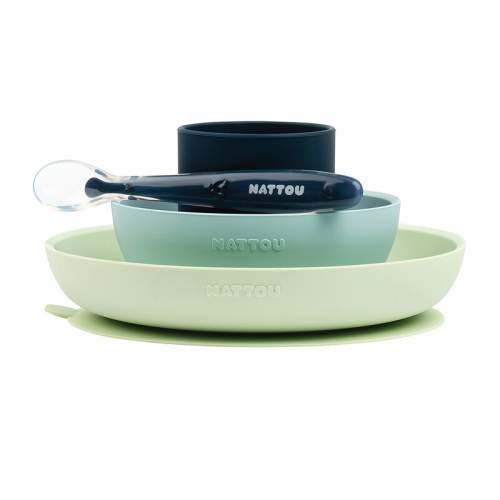 NATTOU Set jídelní silikonový zeleno modrý bez BPA 4 ks