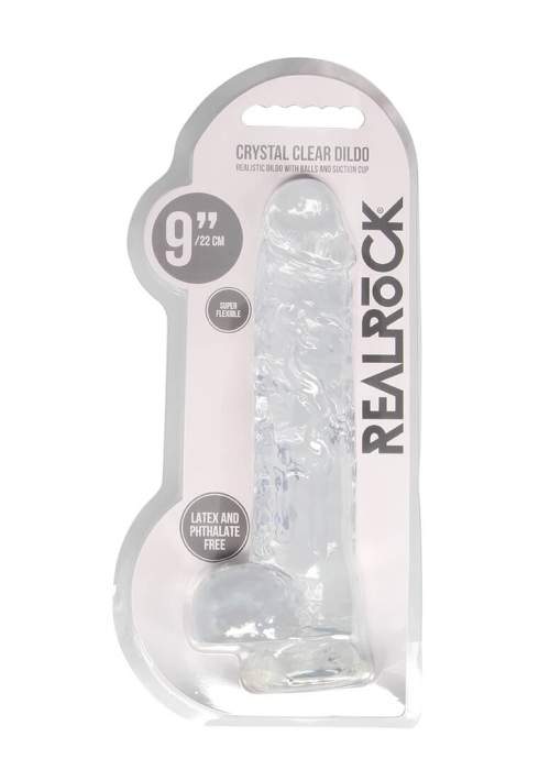 Gelové dildo RealRock Crystal Clear 9″ průhledné, dildo s přísavkou a varlaty 24 x 4,5 cm