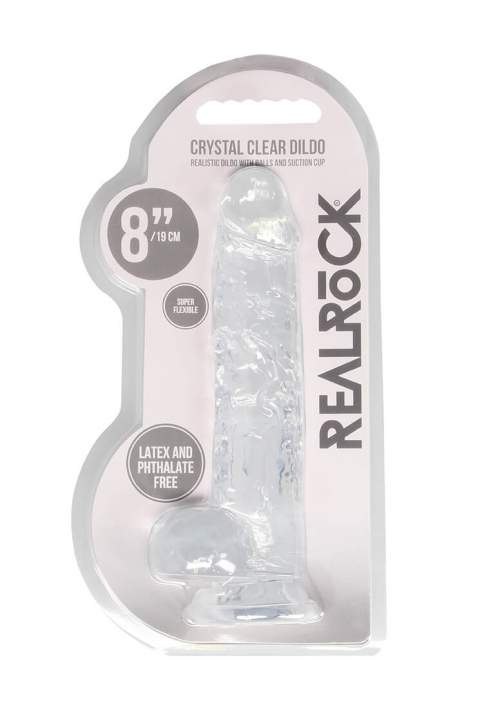 Gelové dildo RealRock Crystal Clear 8″ průhledné, dildo s přísavkou a varlaty 21 x 4 cm