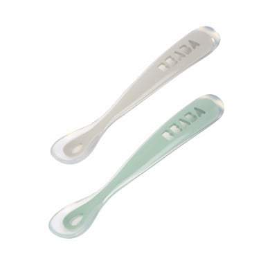 Ergonomické lžičky 2nd Age Silicone Spoons Beaba Velvet Grey & Sage Green ze silikonu k samostatnému jídlu 2 kusy od 8 měs