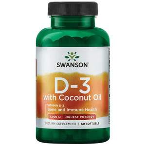 Swanson Vitamin D-3 with Coconut Oil 60 ks, gelové tablety, 5000 IU