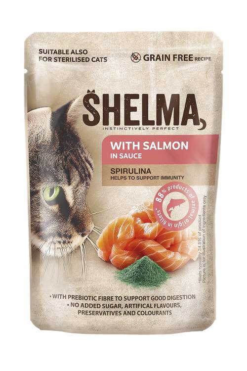 Shelma kapsa kočka s lososem a spirulinou v omáčce 28x85g