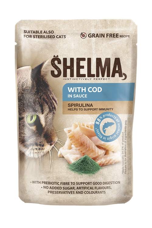 Shelma kapsa kočka s treskou a spirulinou v omáčce 28x85g
