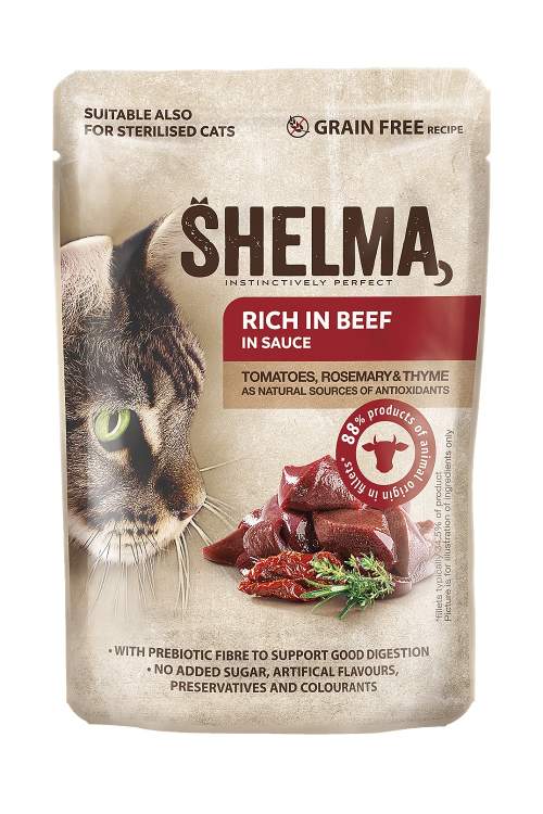 Shelma kapsa kočka s hovězím, rajčaty a bylinkami v omáčce 28x85g