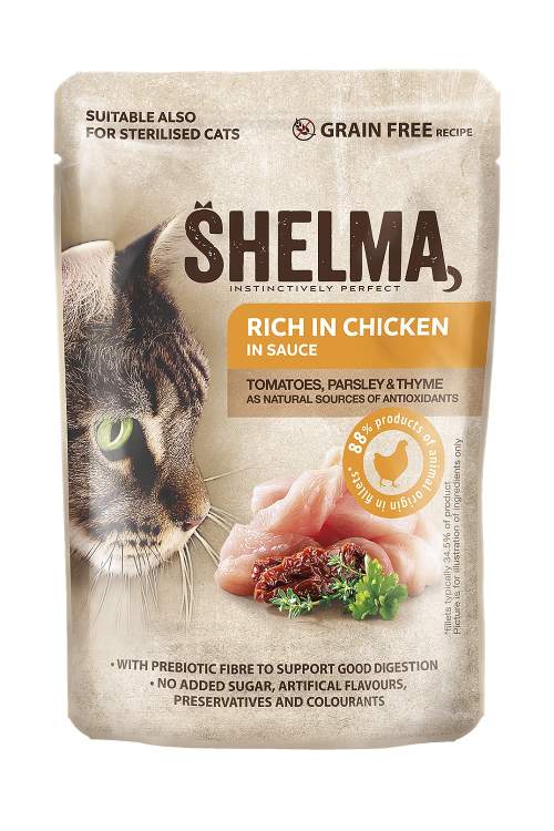Shelma kapsa kočka s kuřecím, rajčaty a bylinkami v omáčce 28x85g