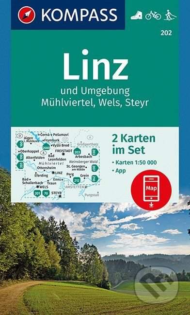 Kompass 202 Linz und Umgebung, Mühlviertel, Wels, Steyr 1:50 000 turistická mapa