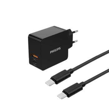 Nabíječka do sítě Philips 1x USB-C, 1x USB A + USB-C kabel 1m - černá