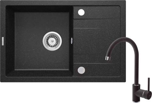 Deante Corio, granitový dřez na desku 670x440x175 mm + dřezová baterie s ramenem ve tvaru "U" grafitová + 3,5" + prostorově úsporný sifon, 1-komorový, grafitová, ZRCA2113