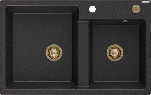 Mexen Tomas, granitový dřez 800x500x190 mm, 2-komorový, černá-stříbrná metalíza se zlatým sifonem, 6516802000-73-G