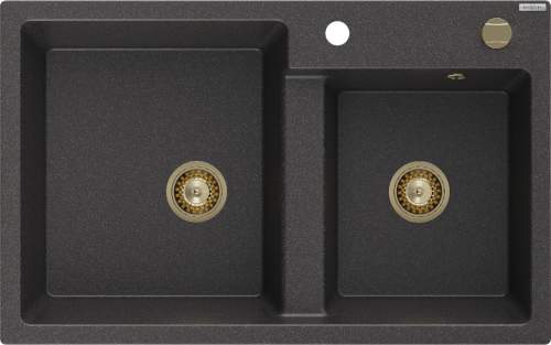 Mexen Tomas, granitový dřez 800x500x190 mm, 2-komorový, černá skvrnitá se zlatým sifonem, 6516802000-76-G