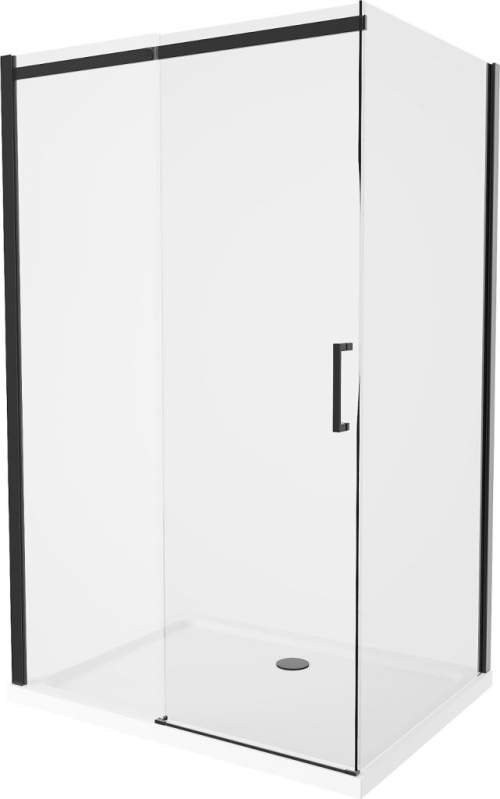 Mexen Omega, sprchový kout s posuvnými dveřmi 140 (dveře) x 100 (stěna) cm, 8mm čiré sklo, černý profil + slim sprchová vanička bílá s černým sifonem, 825-140-100-70-00-4010B