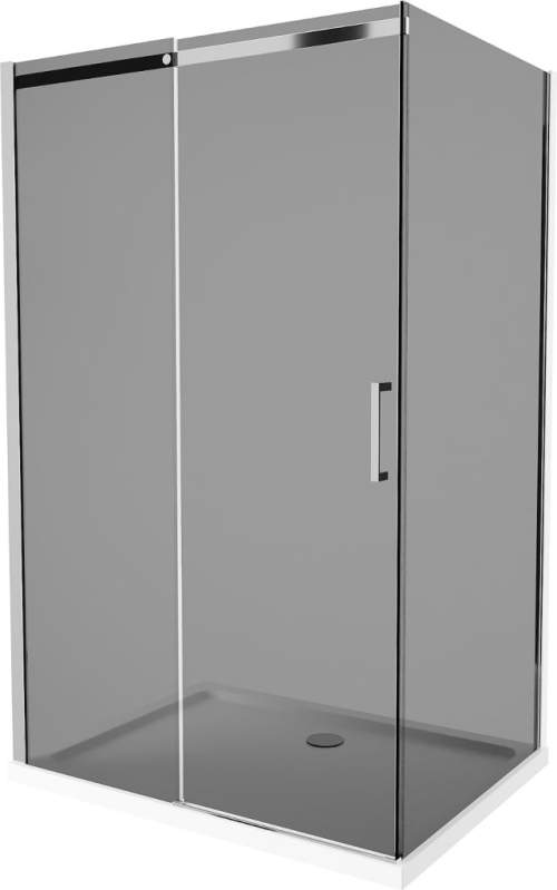 Mexen Omega, sprchový kout s posuvnými dveřmi 140 (dveře) x 100 (stěna) cm, 8mm šedé sklo, chromový profil + slim sprchová vanička bílá + chromový sifon, 825-140-100-01-40-4010