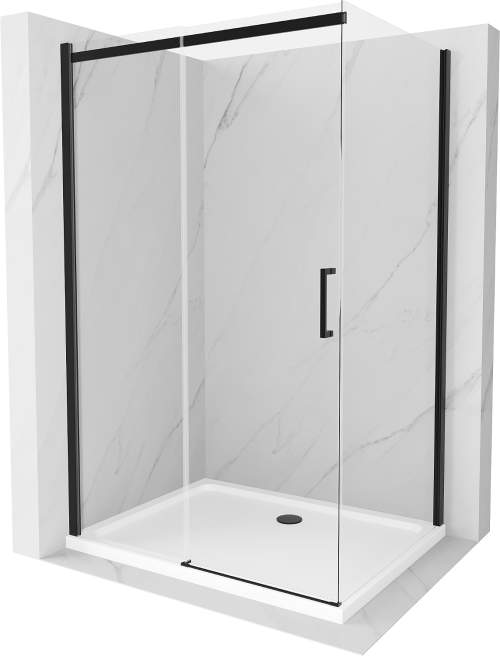 Mexen Omega, sprchový kout s posuvnými dveřmi 130 (dveře) x 90 (stěna) cm, 8mm čiré sklo, černý profil + slim sprchová vanička bílá s černým sifonem, 825-130-090-70-00-4010B