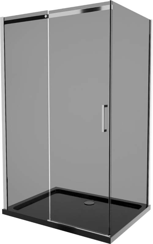 Mexen Omega, sprchový kout s posuvnými dveřmi 120 (dveře) x 80 (stěna) cm, 8mm šedé sklo, chromový profil + slim sprchová vanička černá + chromový sifon, 825-120-080-01-40-4070