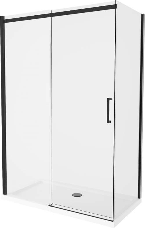 Mexen Omega, sprchový kout s posuvnými dveřmi 130 (dveře) x 70 (stěna) cm, 8mm čiré sklo, černý profil + slim sprchová vanička bílá s černým sifonem, 825-130-070-70-00-4010B