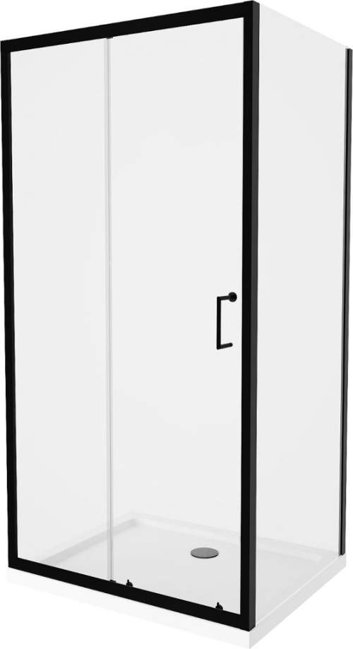 Mexen APIA, sprchový kout s posuvnými dveřmi 130 (dveře) x 80 (stěna) cm, 5mm čiré sklo, černý profil + bílá sprchová vanička, 840-130-080-70-00-4010B