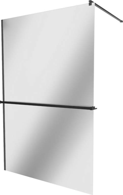 Mexen Kioto+, sprchová zástěna s poličkou a držákem na ručníky 90 x 200 cm, 8mm sklo vzor zrcadlo, černý profil, 800-090-121-70-50