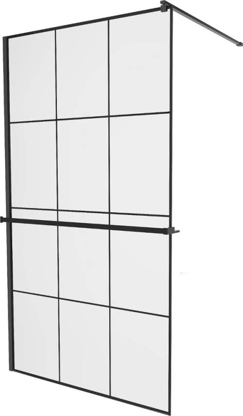 Mexen Kioto+, sprchová zástěna s poličkou a držákem na ručníky 100 x 200 cm, 8mm sklo čiré sklo vzor černý, černý profil, 800-100-121-70-77