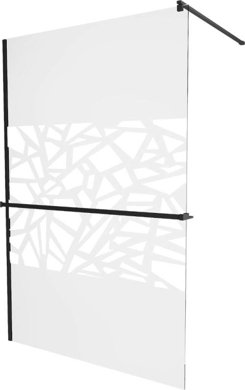 Mexen Kioto+, sprchová zástěna s poličkou a držákem na ručníky 100 x 200 cm, 8mm čiré sklo vzor bílý, černý profil, 800-100-121-70-85