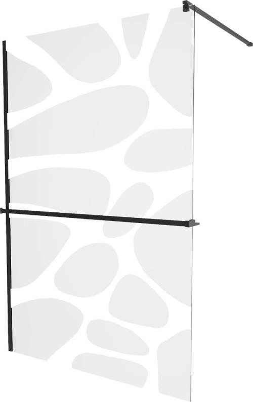 Mexen Kioto+, sprchová zástěna s poličkou a držákem na ručníky 100 x 200 cm, 8mm čiré sklo vzor bílý, černý profil, 800-100-121-70-97