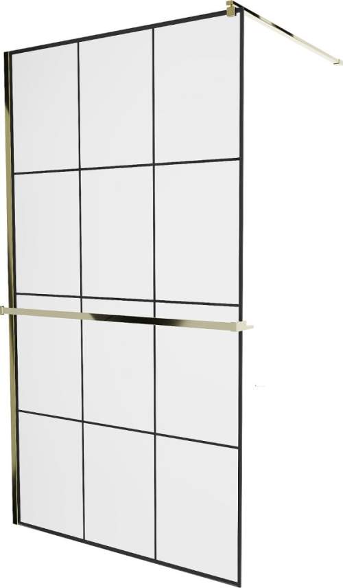 Mexen Kioto+, sprchová zástěna s poličkou a držákem na ručníky 100 x 200 cm, 8mm čiré sklo vzor černý, zlatý profil, 800-090-121-50-77
