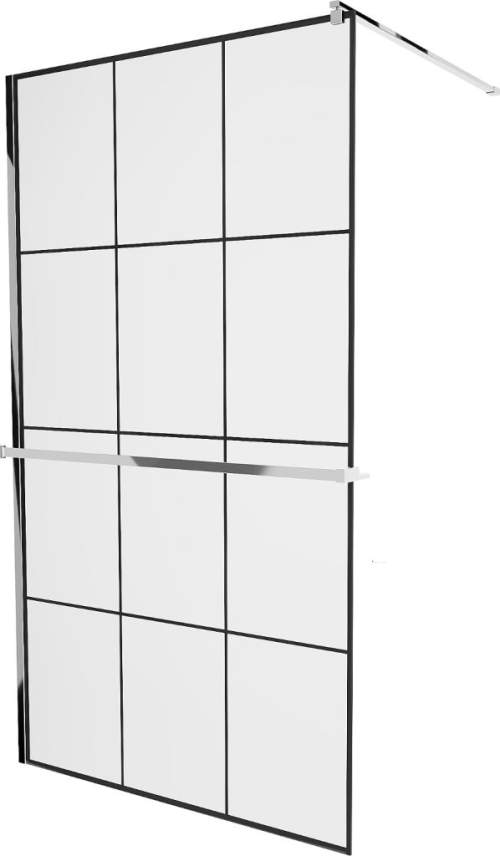 Mexen Kioto+, sprchová zástěna s poličkou a držákem na ručníky 100 x 200 cm, 8mm čiré sklo vzor černý rám, chromový profil, 800-100-121-01-77