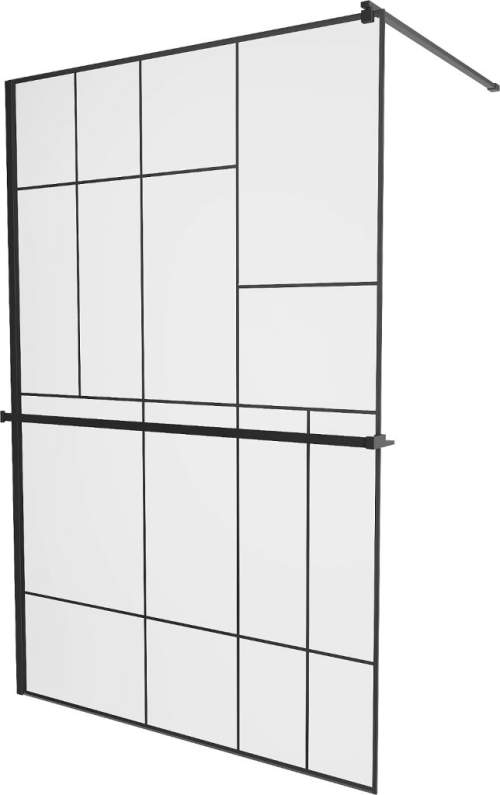 Mexen Kioto+, sprchová zástěna s poličkou a držákem na ručníky 70 x 200 cm, 8mm sklo čiré sklo vzor černý, černý profil, 800-070-121-70-78