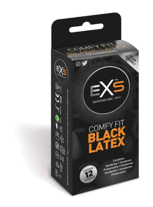 EXS Comfy Fit Black Latex Condoms 12 ks, anatomicky tvarované latexové kondomy