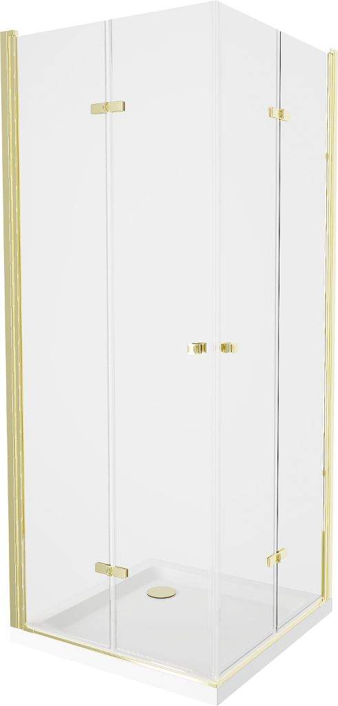 Mexen Lima Duo, sprchový kout se skládacími dveřmi 100 (dveře) x 90 (dveře) cm, 6mm čiré sklo, zlatý profil + slim sprchová vanička bílá + zlatý sifon, 856-100-090-50-02-4010G