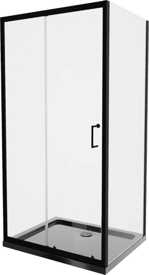 Mexen Apia sprchový kout s posuvnými dveřmi 140 (dveře) x 100 (stěna) cm, 5mm čiré sklo, černý profil + černá sprchová vanička s černým sifonem, 840-140-100-70-00-4070B