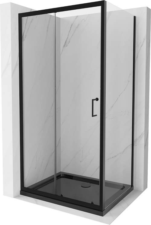 Mexen Apia sprchový kout s posuvnými dveřmi 110 (dveře) x 90 (stěna) cm, 5mm čiré sklo, černý profil + černá sprchová vanička s černým sifonem, 840-110-090-70-00-4070B