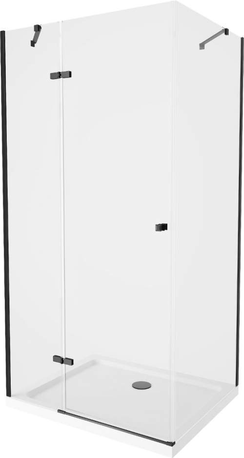 Mexen Roma, sprchový kout s 1-křídlými dveřmi 70 (dveře) x 110 (stěna) cm, 6mm čiré sklo, černý profil, slim sprchová vanička 5cm bílá s černým sifonem, 854-070-110-70-00-4010B