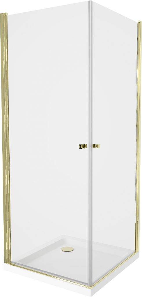 Mexen Pretoria Duo, sprchový kout se 2-křídlými dveřmi 90 (dveře) x 90 (dveře) cm, 6mm čiré sklo, zlatý profil + sprchová vanička, 852-090-090-50-02-4010G