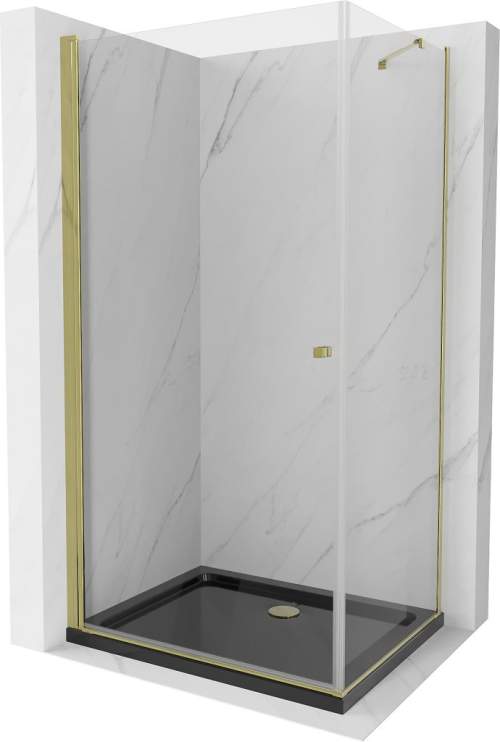 Mexen Pretoria, sprchový kout 90 (dveře) x 70 (stěna) cm, 6mm čiré sklo, zlatý profil + černá sprchová vanička, 852-090-070-50-00-4070G