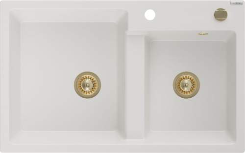 Mexen Tomas, granitový dřez 800x500x190 mm, 2-komorový, bílá se zlatým sifonem, 6516802000-20-G