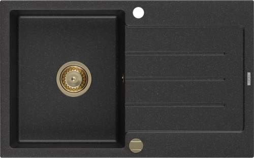 Mexen Bruno, dřez granitový 795x495x200 mm, 1-komorový, černá-stříbrná metalíza se zlatým sifonem, 6513791010-73-G