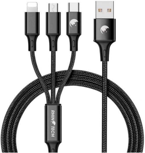 RhinoTech nabíjecí a datový kabel 3v1 USB-A - MicroUSB + Lightning + USB-C, 1.2m, černá RTACC321