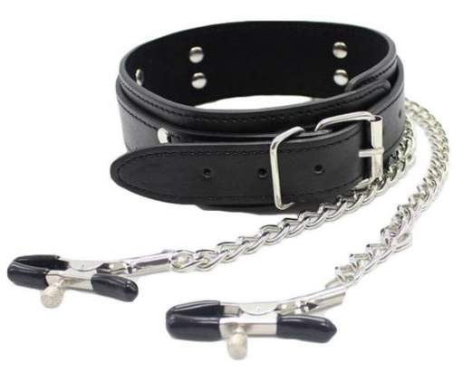 Fetish Collection Leather Collar With Nipple Chains
