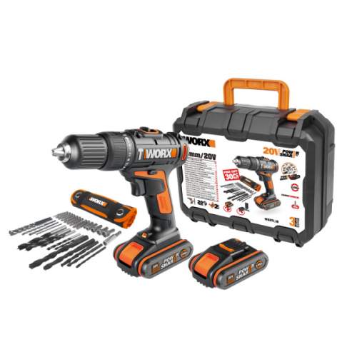 Worx orange WX371.10 - Aku vrtačka s příklepem 20V, 2x2.0Ah + kufr - Powershare