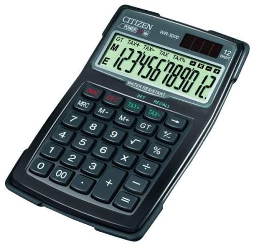 Citizen Kalkulačka WR3000, černá, stolní s výpočtem DPH, dvanáctimístná, vodotěsná, prachuodolná, automatické vypnutí