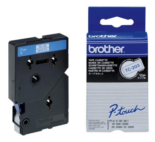 Brother TC-203 12mm x 7,7m modrý tisk / bílý podklad originální